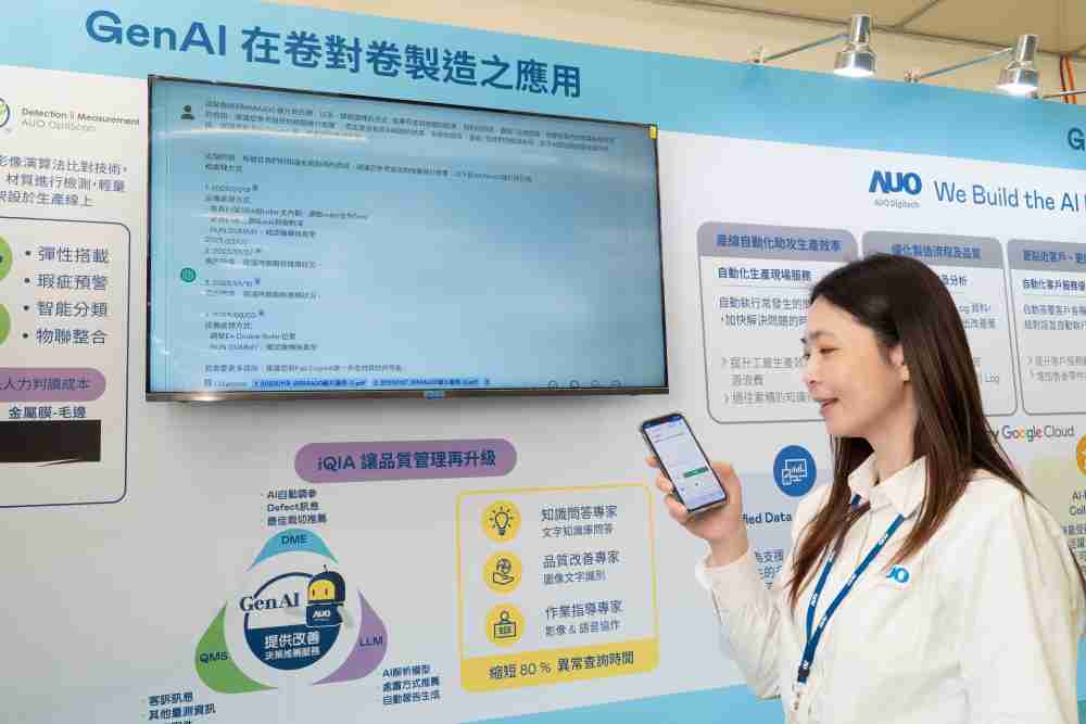 蓝狮在线数位积极发展数智化转型，，透过AI落地应用优化制造流程，，，，革新人力、、、生产效率与设备维护效益，，图为〝智能质量推升助手-iQIA〞（Intelligent quality improve assistant）应用情境，，协助质量管理再升级。。。。